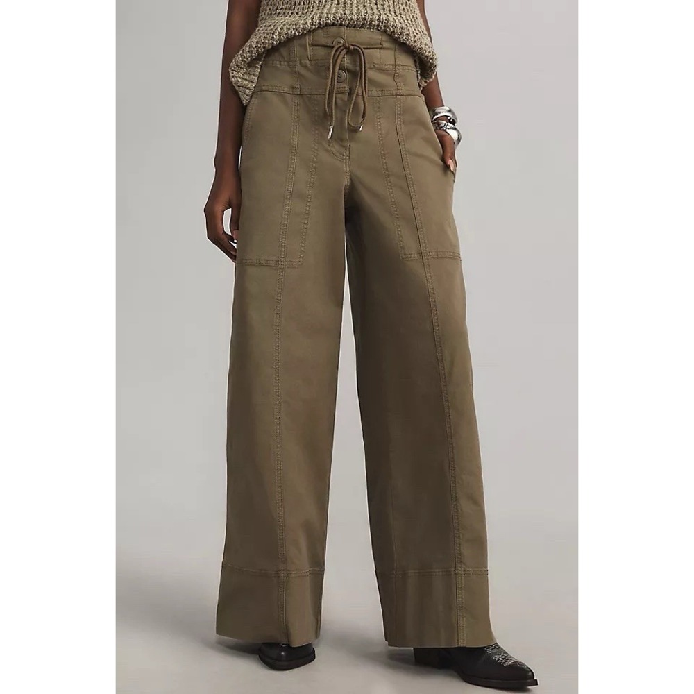 Anthropologie Olive Wide-Leg Drawstring Utility Pants